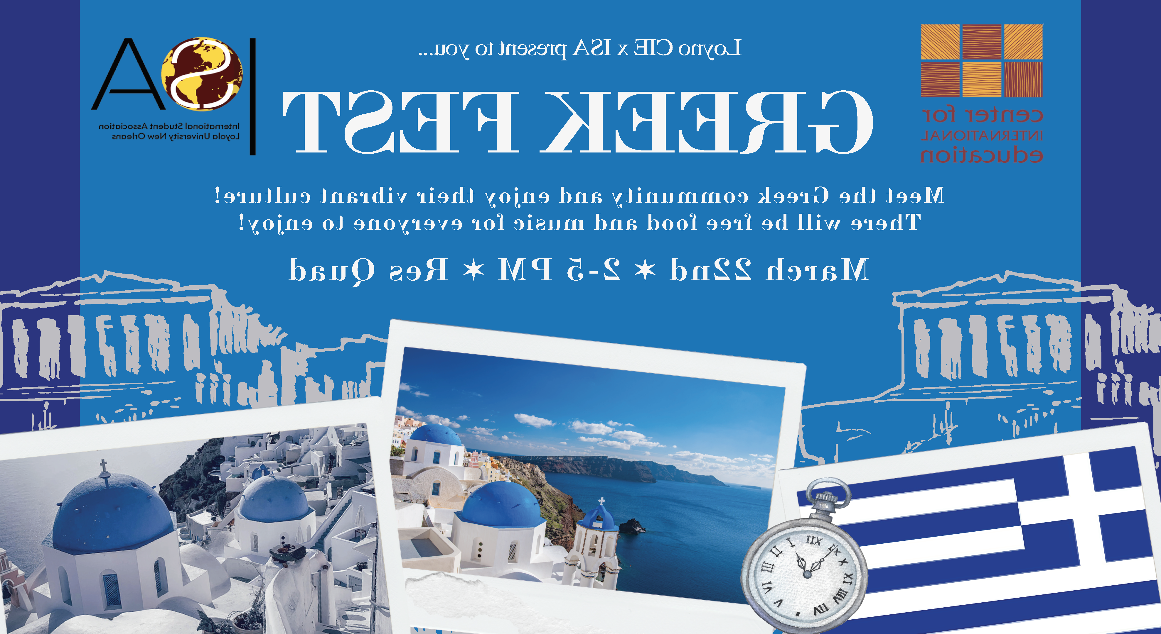 flyer for event with event details in white text against a blue background. photographs of santorini, greece, and the greecian flag, decorate the bottom portion of the flyer.